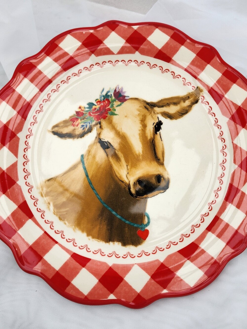Four (4) Pioneer Woman Red & White Gingham w/Cow Pattern 8.5" Plates Never Used - Picture 2 of 8